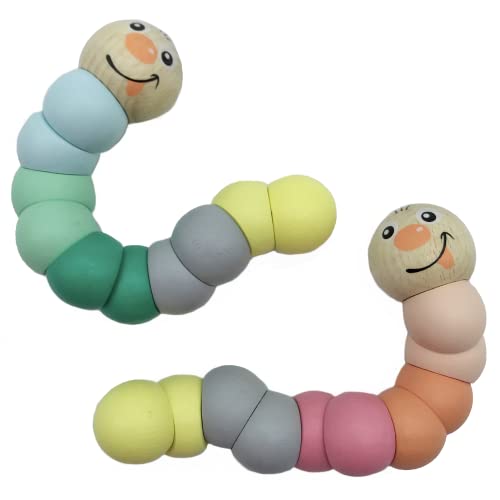 Set 2 Gelenktier Wurm aus Holz bunter - Montessori Lernspielzeug aus Holz - Verbessert Kreativität, Konzentration und Intelligenz - Hilft beim Zählen und Erkennen von Farben (Pack: Pastellfarben)