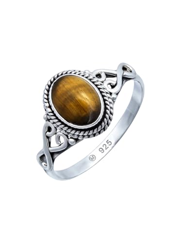 mantraroma Bague femme argent 925 Oeil de tigre pierre précieuse marron insolite ludique