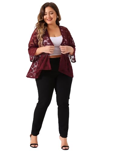 Image of Agnes Orinda Women Plus Size Open Front Lace Cardigans | 3 /4 Bell Sleeve Sheer Formal Bolero Shrugs Lightweight Floral Crochet Cover Up