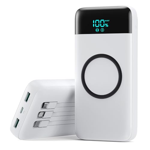 Batería Externa Inalámbrico, 7 en 1 Power Bank Carga Rápida 26800mAh con 3 Puertos y 3 Cables, 25W PD3.0+QC4.0 Cargador Portátil Externo con Pantalla LCD Compatible con iPhone Huawei Samsung Blanco