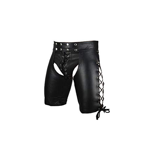 Amosfun Men Sexy Leather Pants Lingerie Tight Trousers Harness Nightclub Lingerie Wet Look Bikini Swim Trunks XXL