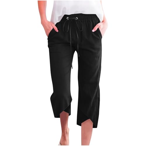 Pantalon en lin femme large taille haute pantacourt été