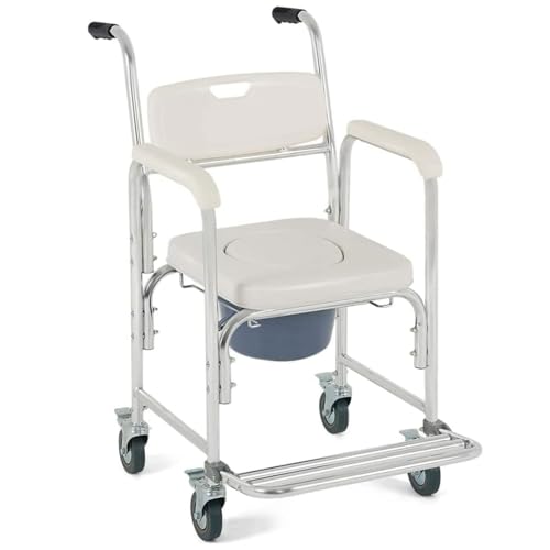 OrtoPrime Sedia da Doccia con Ruote e Piedini Pieghevoli - 3 in 1 - Sedia con WC Integrato e Bidet - Portatile per Anziani - Geriatrica