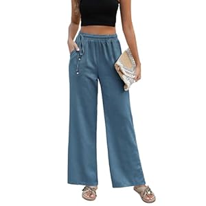Leinenhose Damen Sommer Hose Weites Bein Baumwolle Leinen Hose Elastischer High Waist Sommerhose Geradem Lose Freizeithose mit Kordelzug Taschen Casual Bequeme Stoffhose Lang