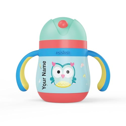 Image of rabitat Gravity EasyFlow Personalized Stainless Steel Sippy Cup 390 ml | 2 Years Brand Warranty | Leak Proof | BPA Free Soft Silicone Straw | Sippy Cup for Kids with Weighted Straw, Sky Hoot