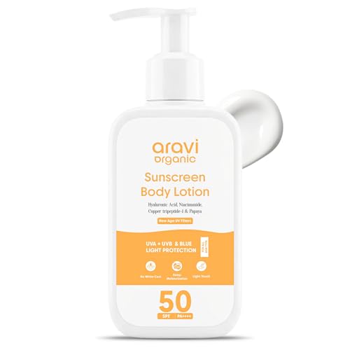 Image of Aravi Organic Oil-Free Sunscreen Body Lotion SPF 50 PA++++ With New-Age UV Filters | (In-Vivo) Dermatologically Tested | Hydrating, Lightweight & No White Cast | UVA /UVB & Blue Light Protection | Niacinamide & Hyaluronic Acid | Sunscreen For Oily & Dry Skin | 100ml