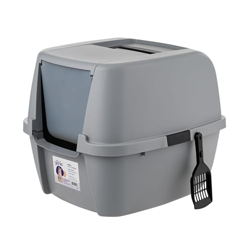 Litter Genie Cat Litter Box, Enclosed with Front Door Flap and Scoop, Covered Kitty with Handle and Buckles for Portability and Privacy, Gray/Black