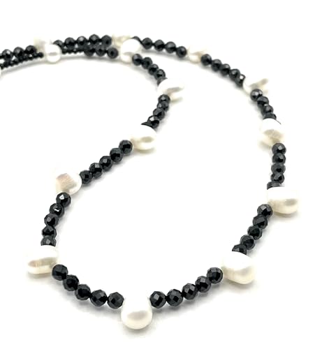 Collier ras du cou perles naturelles et spinelle noir en argent 925 fait main