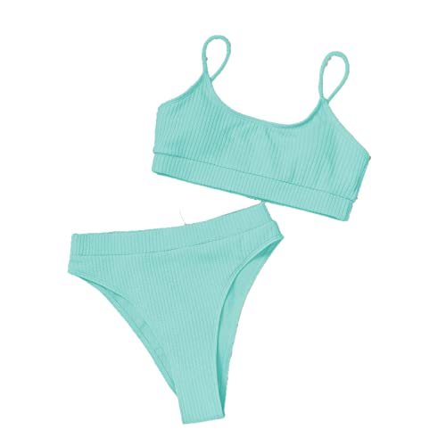 Traje de baño de bikini de cintura alta para mujer, con tirantes delgados, parte inferior de color sólido, espalda baja, traje de baño de 2 piezas, Verde 2, Large