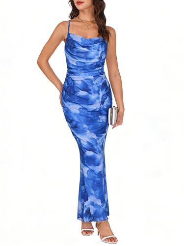 COCCKO Women's Floral Mesh Midi Dress, Spring 2026 Spaghetti Strap Ruched Bodycon Sundress for Wedding Guest & Tea Party Blue — view 6
