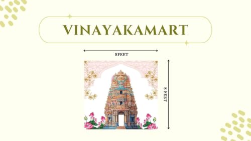 Image of varalakshmi Pooja Background | Light Pink Background with a Traditional Line Arch, a Colorful Temple Entrance,Golden Leaves, and Pink Lotus Flowers Decoration Cloth 8x8 Feet
