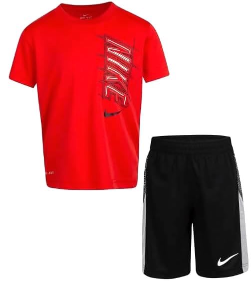 Image of Nike Little Boys Dri-FIT Graphic Tee & Shorts 2 Piece Set (Red(76H367-023) /Black, 5)