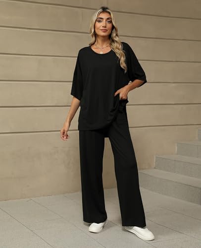 KevaMolly 2 Piece Lounge Set for Women Postpartum Oversized Tops and Wide Leg Pants Soft Comfy Pajamas Set 2 Piece Outfits4