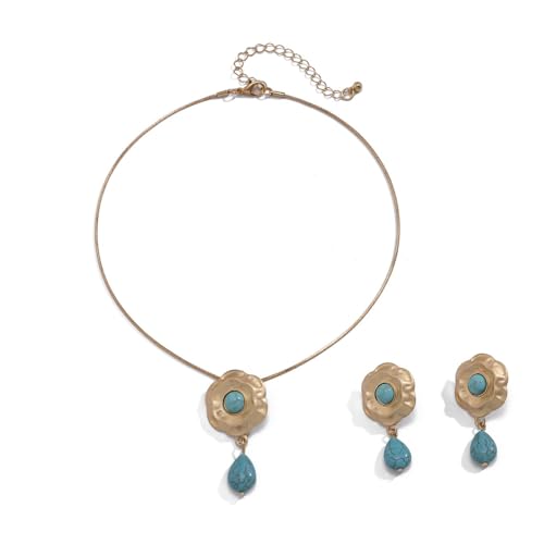 Colgante de piedra azul estilo étnico en conjunto de collar y aretes