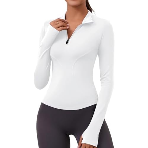 LOMON Womens Long Sleeve Workout Tops Quick Dry Quarter Zip Pullover Crop Yoga Athletic Slim Fit Shirts A-white X-Small