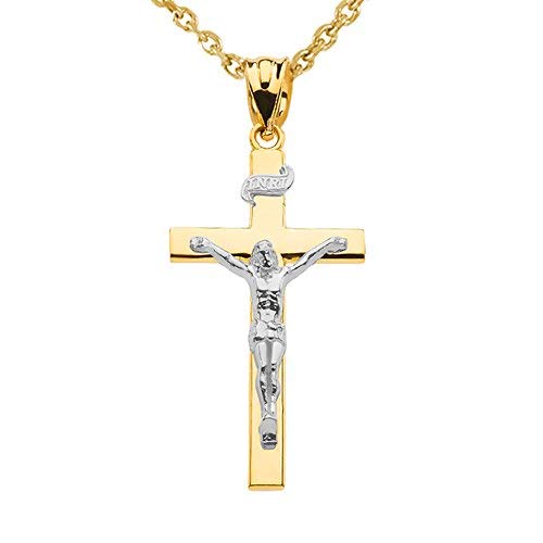 Sólido 14 K Oro de Dos Tonos Lineal Cruz Inri Crucifijo Colgante Collar