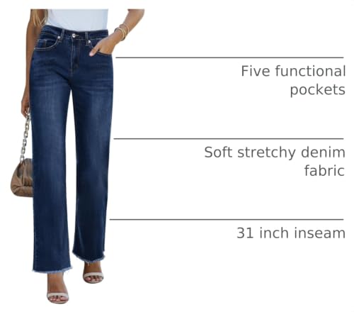 Image of GRAPENT Straight Leg Jeans for Women High Waisted Stretchy Frayed Raw Hem Loose Denim Pants Casual Baggy Jean Trousers