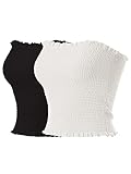 MixMatchy Women's Casual Basic Smocked Tube Tops Stretch Bustier Bandeau Crop Top 2PACK - Black/White M