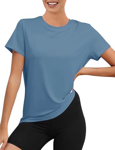 Rapbin Sportshirt Damen Kurzarm, Leichtes Atmungsaktiv Funktions Sport Oberteile, Rundhals Sport Top(Grau Blau,M)