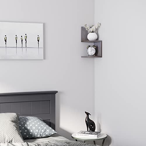 Ballucci 2 Tier Corner Shelf Wall Mount, 7.75" X 7.75" Per Tier, Small Wood Floating Corner Shelves For Bathroom, Bedroom, Living Room - Brushed Gray #TOP1