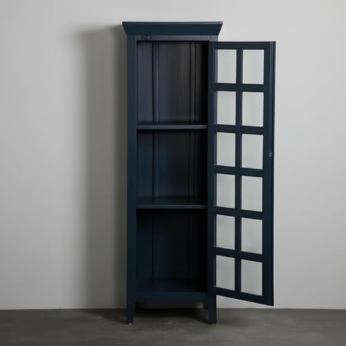 Image of APRODZ Mango Wood Crockery Cabinet with Glass Door | Wooden Kitchen Storage Cabinet for Dining Room Living Room & Bedroom | Tall Storage Cabinet with Shelves | Display Cabinet for Home, Navy Blue