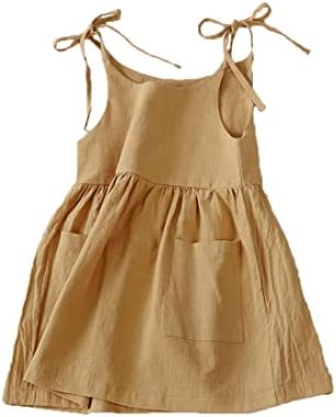 TIMOGG Toddler Baby Girl Cotton Linen Solid Dress Sling Bow Summer Skirt Casual Beach Girls Sundress with Pockets Overall Dress (Khaki, 2-3 Years)