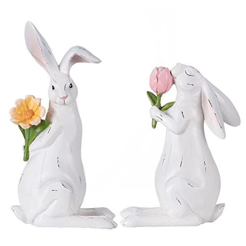 Valery Madelyn Easter Bunny Decorations For Home, Large White Couple Rabbits Figurine With Flowers, 2Pcs Cute Easter Gifts Resin Statues For Spring Home Indoor Holiday Party Table Centerpieces, 8-9.6" #TOP30