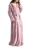 Flygo Womens Fuzzy Plush Long Hooded Robe Full Length Flannel Fleece Bathrobe Warm Housecoat Dustypink-S