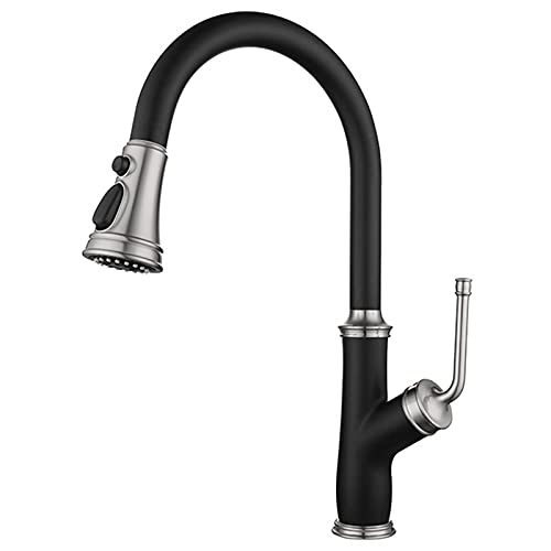 Grifo mezclador de cocina monomando con rociador desplegable y caño alto de arco giratorio