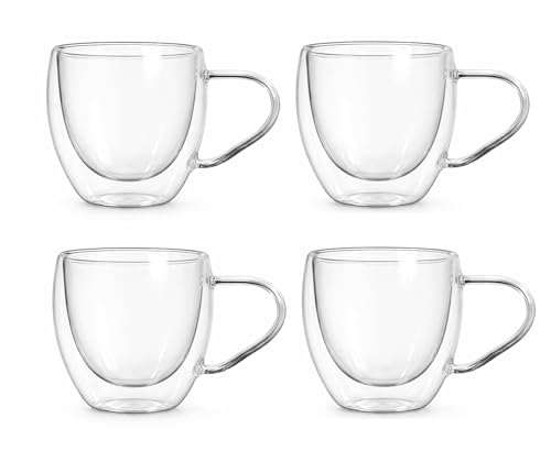 Image of IndusBay 4 Pieces, Double Wall Borosilicate Glass Mug - Elegant Insulated Coffee /Tea Cup | Transparent Floral Design | 250ml | Ideal for Gifting, Home & Office, Boutique