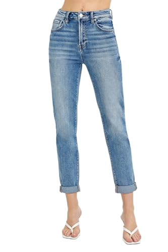 Risen Women's High Rise Cropped Roll Up Jeans