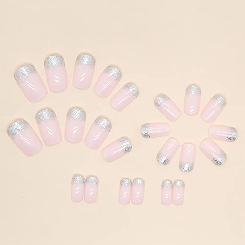 24Pcs French Tip Press On Nails Short Square Nude Pink Fake Nails Silver Glitter Glossy Design Nail Art Supplies Coffin False Nails Full Cover Artificial For Women Girls Acrylic Manicure Decorations #TOP2