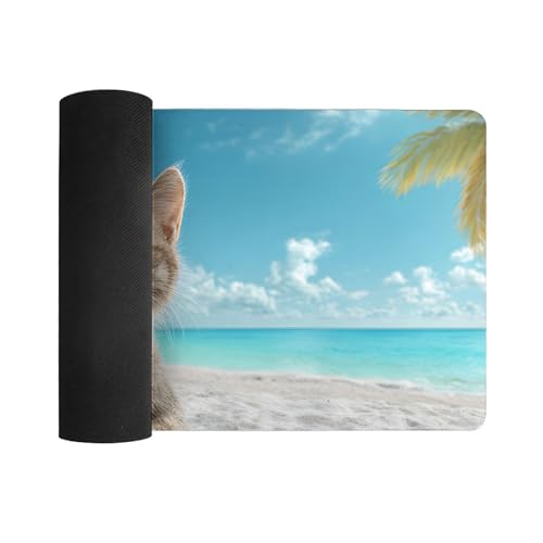 Image of Summer Cat Beach Extended Gaming Mouse Pad, with Stitched Edges Large Mouse Pad Desk Protector, Rubber Base Mousepad Keyboard Mouses Mat for Work Game Office Home- 32 inch X 16 inch Inch