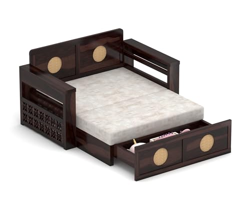 Image of Solid Sheesham Wood Two Seater Sofa Cums Bed with Cane Design Panels | 2-in-1 Wooden Daybed with Cushion & Storage Drawers (Walnut Finish)