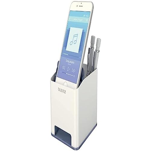 Preisvergleich Produktbild Leitz Sound Stifteköcher mit Soundverstärkungsfunktion, Stiftehalter inkl. Smartphone Fach mit Soundverstärkungsfunktion, White / grau, Duo Colour, WOW, 53630095