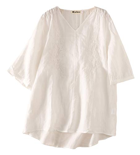Minibee Women's Linen Embroidery Blouse V-neck Tunic Elbow Sleeve Shirts Tops