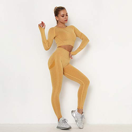 Seamless Yoga Suit Sweat-Absorbent Hip high Waist Fitness Tight Long Sleeve Sports Suit (Yellow,L)