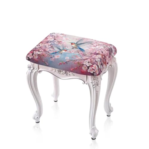 Luarisgur Vanity Stool Covers Bar Stool Covers Set of 2 Cherry Blossom Hummingbird Bar Stool Saddle Seat Covers Rectangle Bench Seat Protector Barstool Covers with Elastic Bands for 14-20 inch Stool