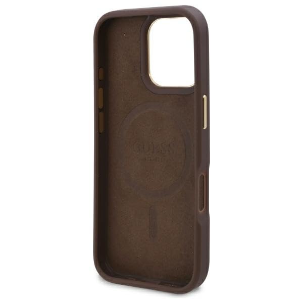 Coque iPhone 16 Pro Guess marron rigide avec motif 4G chic et elegant