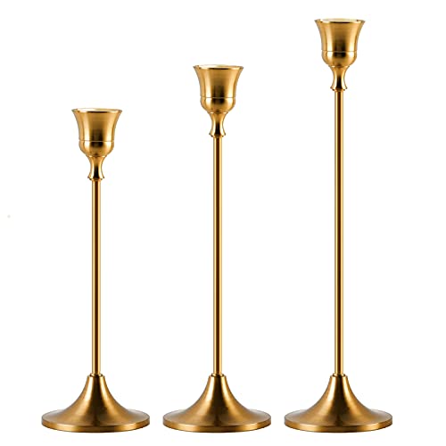 Brass Gold Candlestick Holders - Set of 3 Taper Candle Holders Vintage Candlelight Dinner Metal Candlestick Holders for Reception Candlelight Dinner Ornaments, Wedding Ceremony, Party Home DÃ©cor