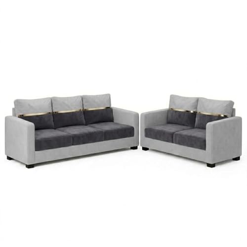 Image of FURNY Hedstor 3 Seater + 2 Seater Fabric Sofa Set (Light Gray-Dark Gray) with Velvet Finish | Durable Comfort | Ideal for Living Room