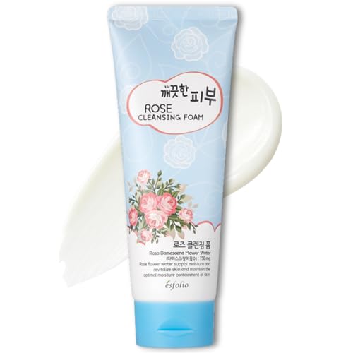 esfolio Rose Cleansing Foam – Gentle Daily Face Cleanser with Soothing Rose Extract for Hydrating and Refreshing Skin, Removes Dirt and Excess Oil, Suitable for All Skin Types (5.29oz -150g)