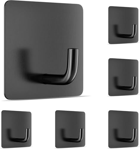 Image of DALUCI Self Adhesive Hooks for Wall Heavy Items - Metal Wall Hooks for Hanging Clothes, Towels & Keys - Waterproof No Drill Sticky Wall Hanger Hook for Bathroom & Kitchen (J Hook-Black, 6)