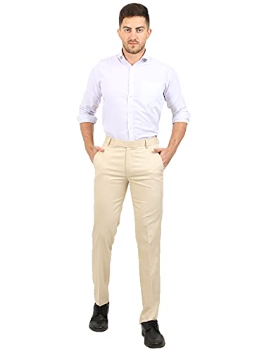 Image of Classic Collection Men's Smart Slim Fit 2-Way Stretchable Formal Trousers Made of Cotton Viscose Blend Fabric with Hidden Expandable Waistband and 3 Slant Pockets Plus 1 Ticket Pocket