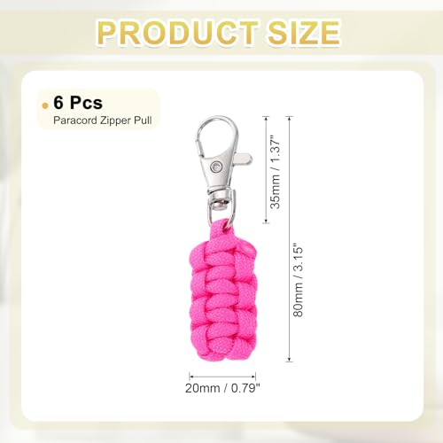 Image of YELARXI Paracord Zipper Pull Polyester Zipper Pulls Replacement Woven Rope with Metal Clasp, 80 mm Length Fit for Backpacks Clothing Luggage Accessories - Cylinder (6 Pack, Pink)