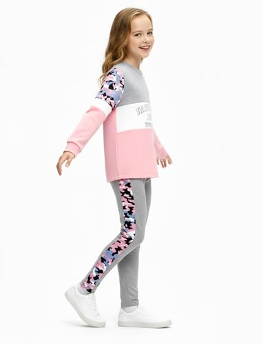 Image of PATPAT Girls 2 Piece Outfits Size 5-6 Years, Grey Camouflage Print Sweatshirts and Leggings Clothing Sets Sweatsuit Fall Outfits Joggers Lounge Set Tracksuit Kids Clothes Girls