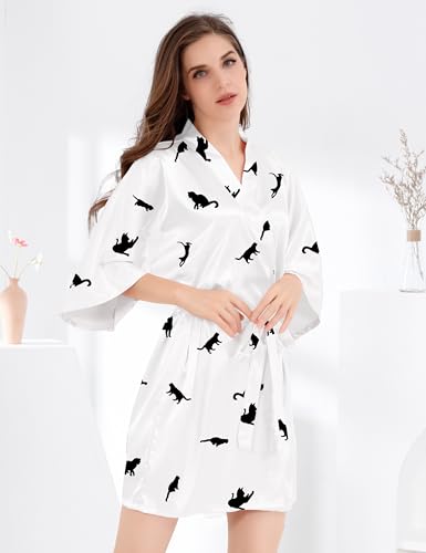 Image of MORFORU Women Bride Bridesmaid Silky Satin Kimono Robe Solid Color Sleepwear for Wedding Party Getting Ready, Short