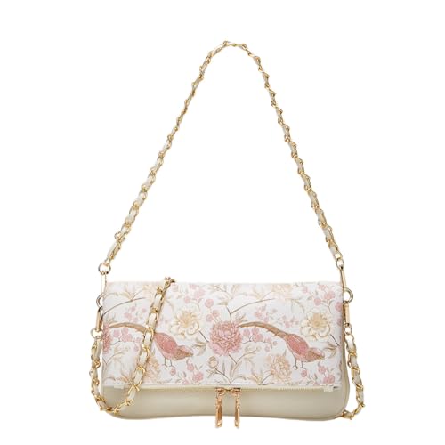 Foldover Clutch Purses for Women PU crossbody Bag Fashion Boho Shoulder Handbag Floral Clutch with Chain (White with pink)