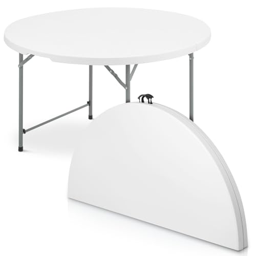 OS MOTOR 5ft Round Folding Table with Carry Handle Portable Heavy Duty Plastic Utility Table with Steel Legs for Party Wedding Camping Indoor Outdoor Event 60 Inch White