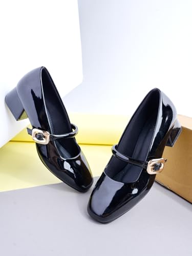 Image of Shoetopia Pumps for Women - Low Block Heel Dress Shoes with Gold Buckle Strap Classy Comfortable Low Heel